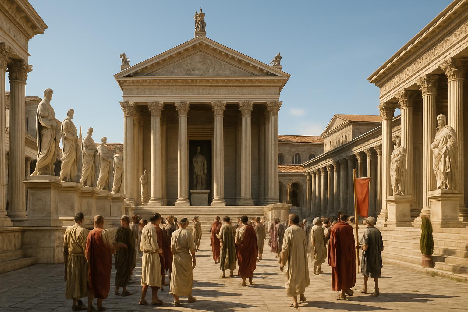 Citizens in togas cross a marble square between colonnaded temples lined with statues under a clear sky