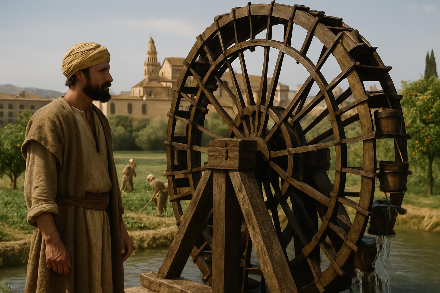 A man in a turban stands beside a large wooden waterwheel raising water from a river channel, cultivated ground and a walled town behind