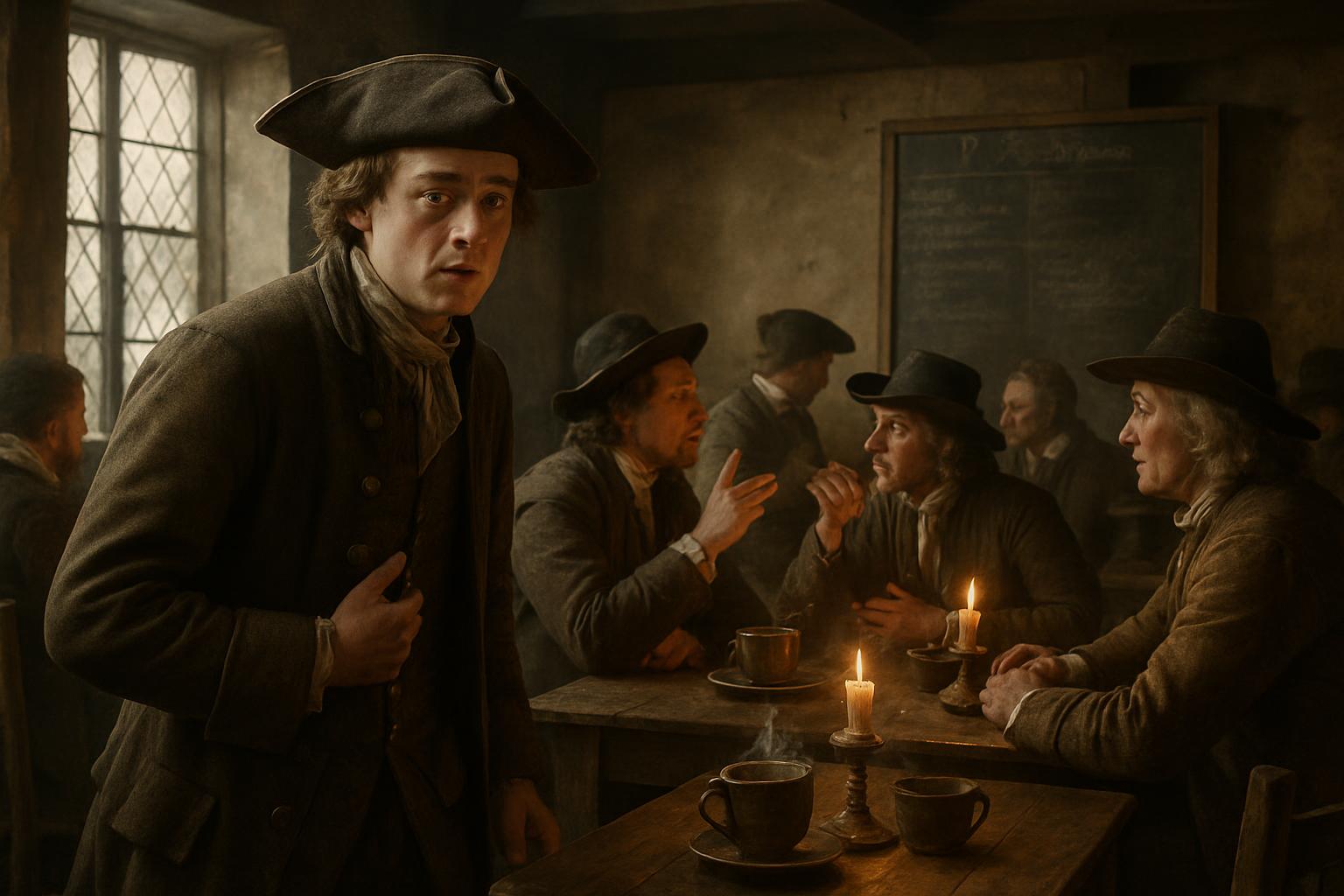 A young man in a hat stands in a crowded coffee room where seated men argue over cups and pipes at a long table by a window