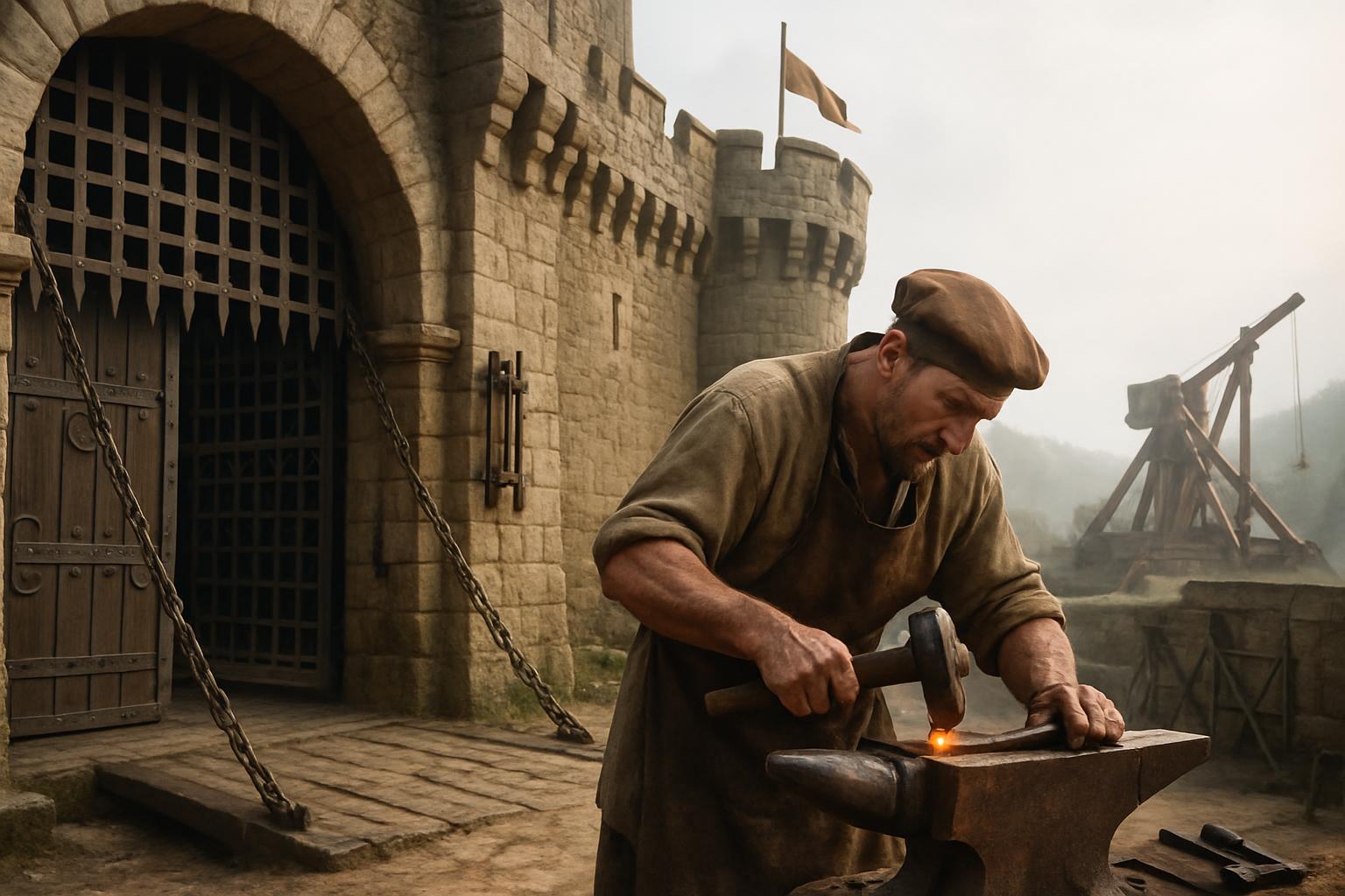 A smith hammers a glowing iron bar on an anvil in a castle courtyard, a portcullis gate behind him and a siege engine on the slope beyond
