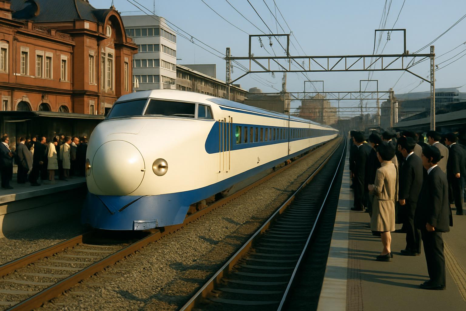 A blue and white high-speed train stands at a platform crowded with waiting commuters under overhead wires, city buildings behind