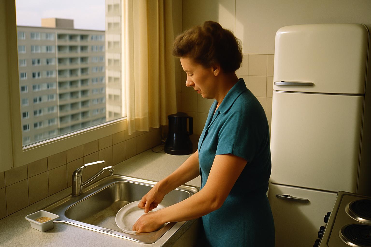 A woman in a blue dress works at a stainless steel sink in a small fitted kitchen, a refrigerator beside her and a tower block visible through the window