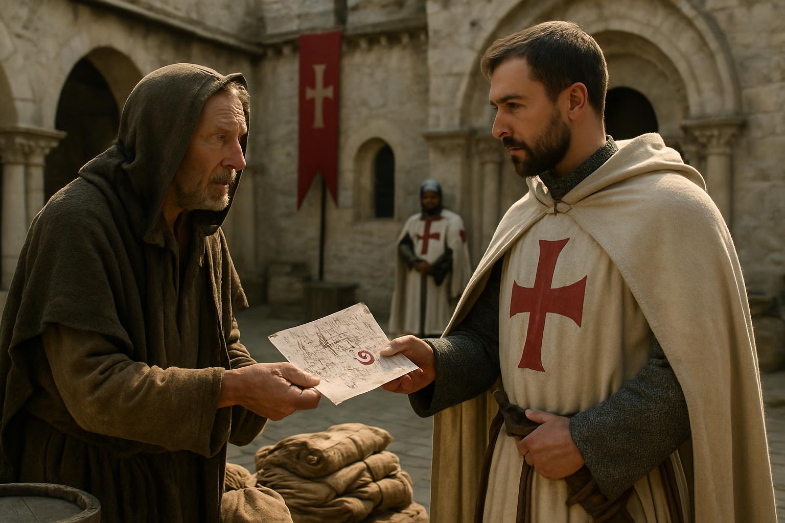 A man in a white mantle with a red cross takes a drawn plan from an older workman in a castle courtyard, sacks of grain at their feet