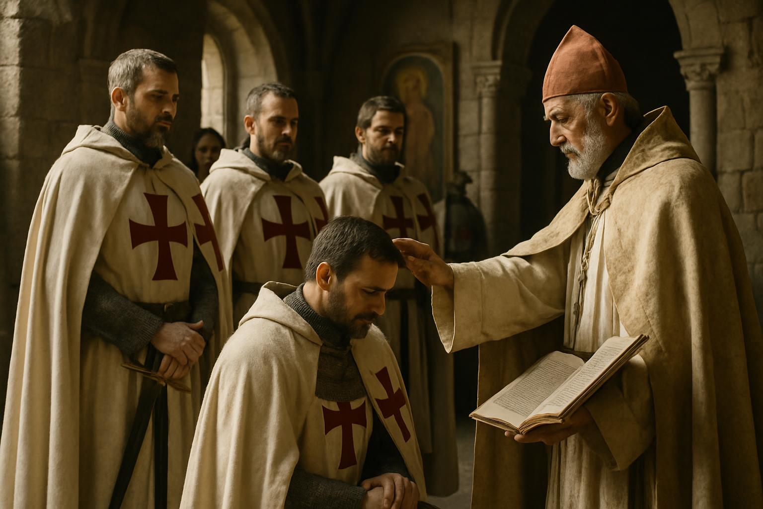 A bishop in a mitre lays his hand on the head of a kneeling man in a white mantle while others in red-crossed mantles look on in a stone chapel