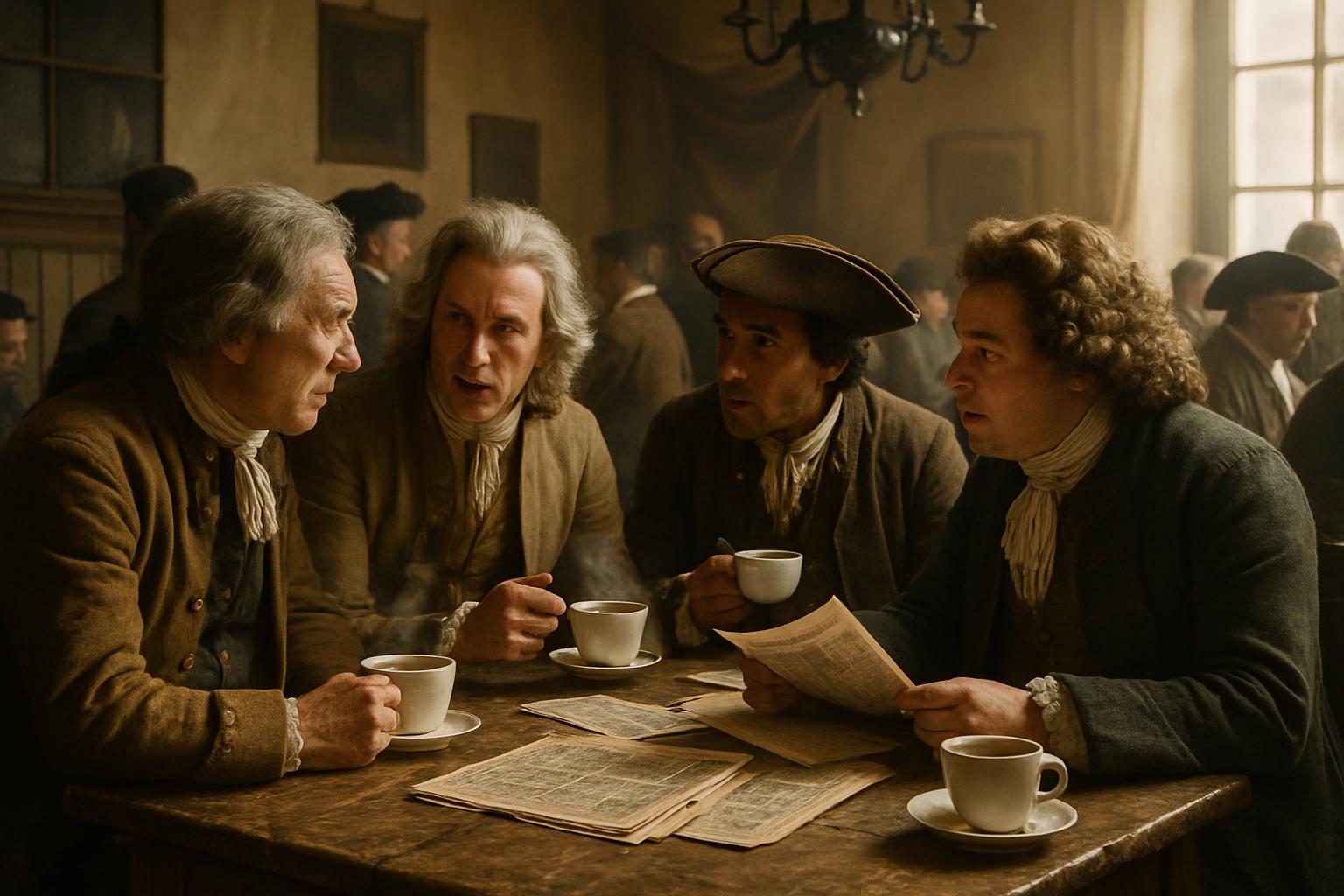 Four men in eighteenth-century coats and wigs argue across a table of newspapers and coffee cups in a crowded, sunlit room