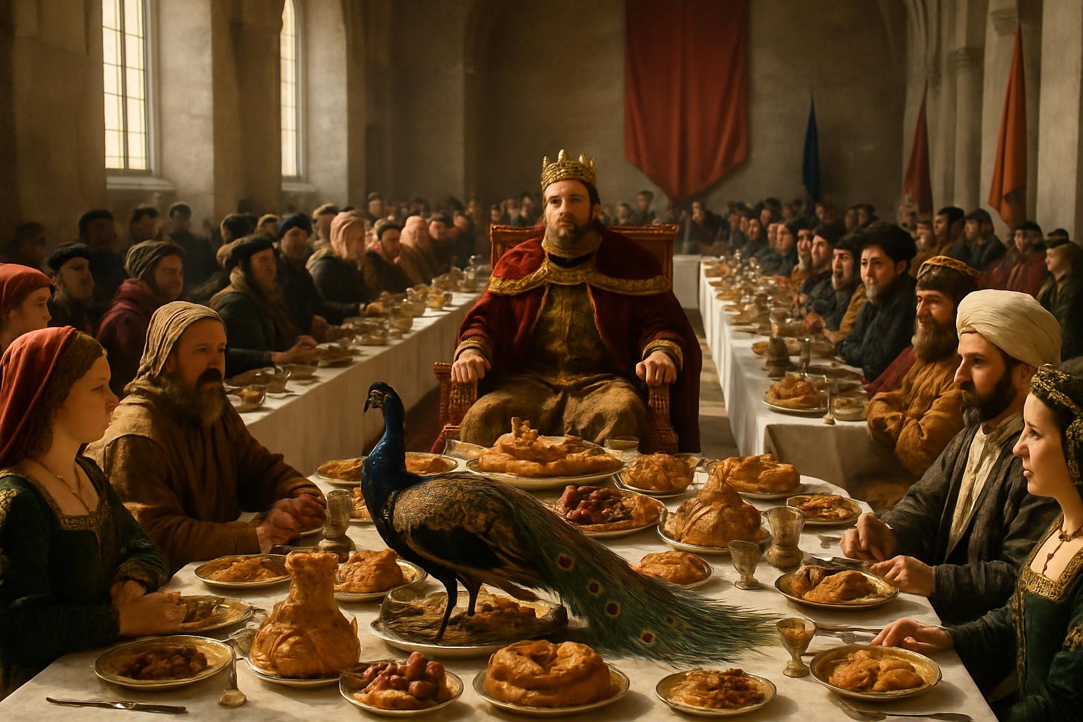 A crowned king raises a cup at the head of a long feasting table lined with guests, roast dishes and a live peacock displayed in the foreground