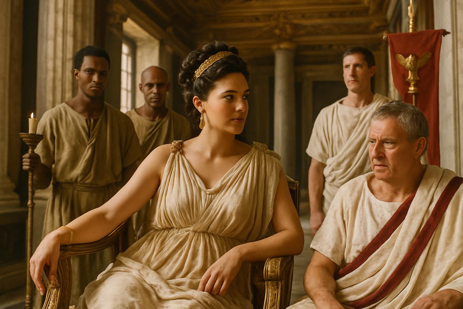 A woman in a gold-embroidered gown sits in a marble hall beside a seated man in a toga, attendants and guards standing behind them