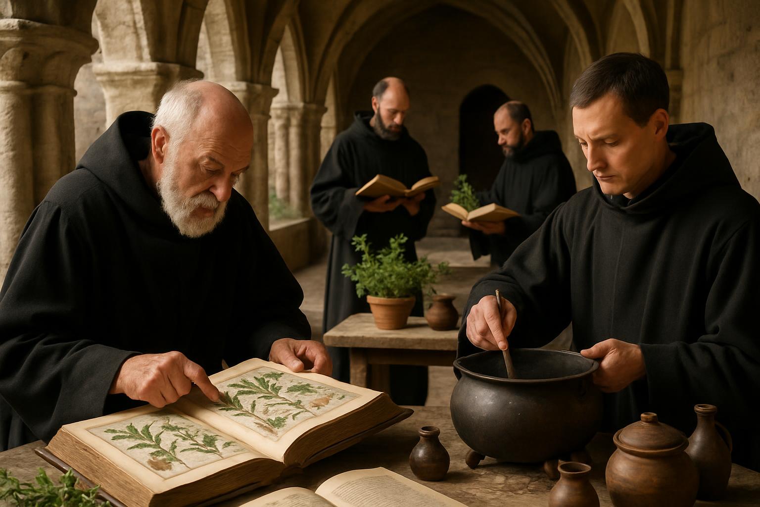 Monks in black habits work at a bench with an open illustrated herbal, a mortar and a simmering pot in a vaulted cloister