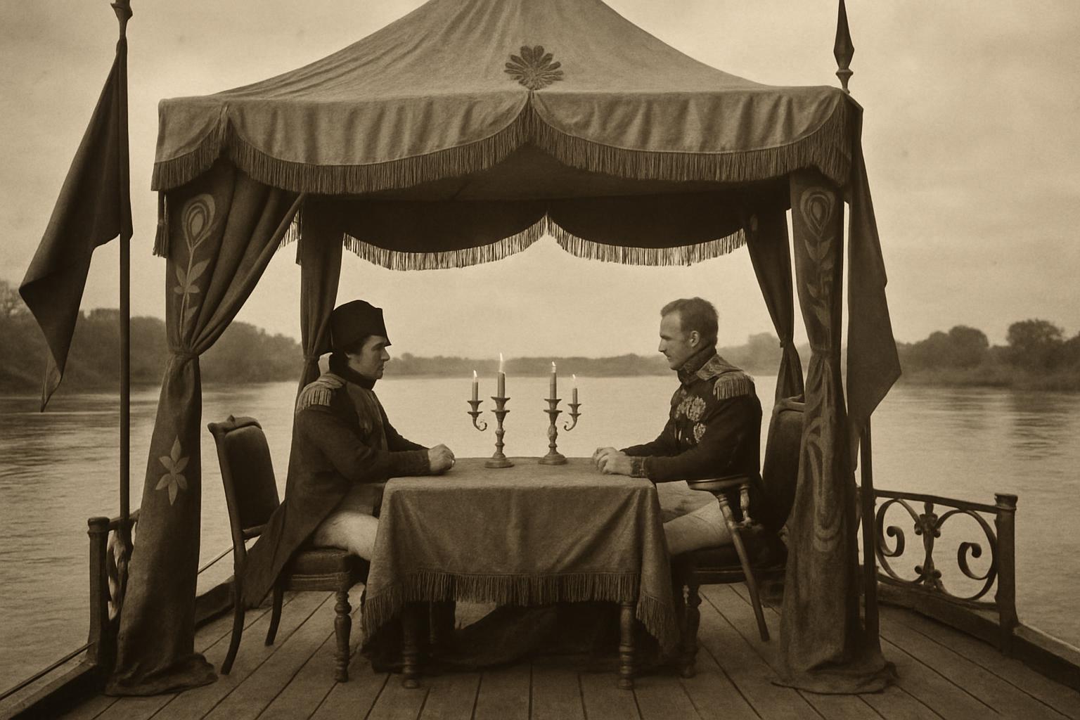 Sepia photograph-style image of two men in uniform seated at a small table under a fringed canopy on a raft moored in a river
