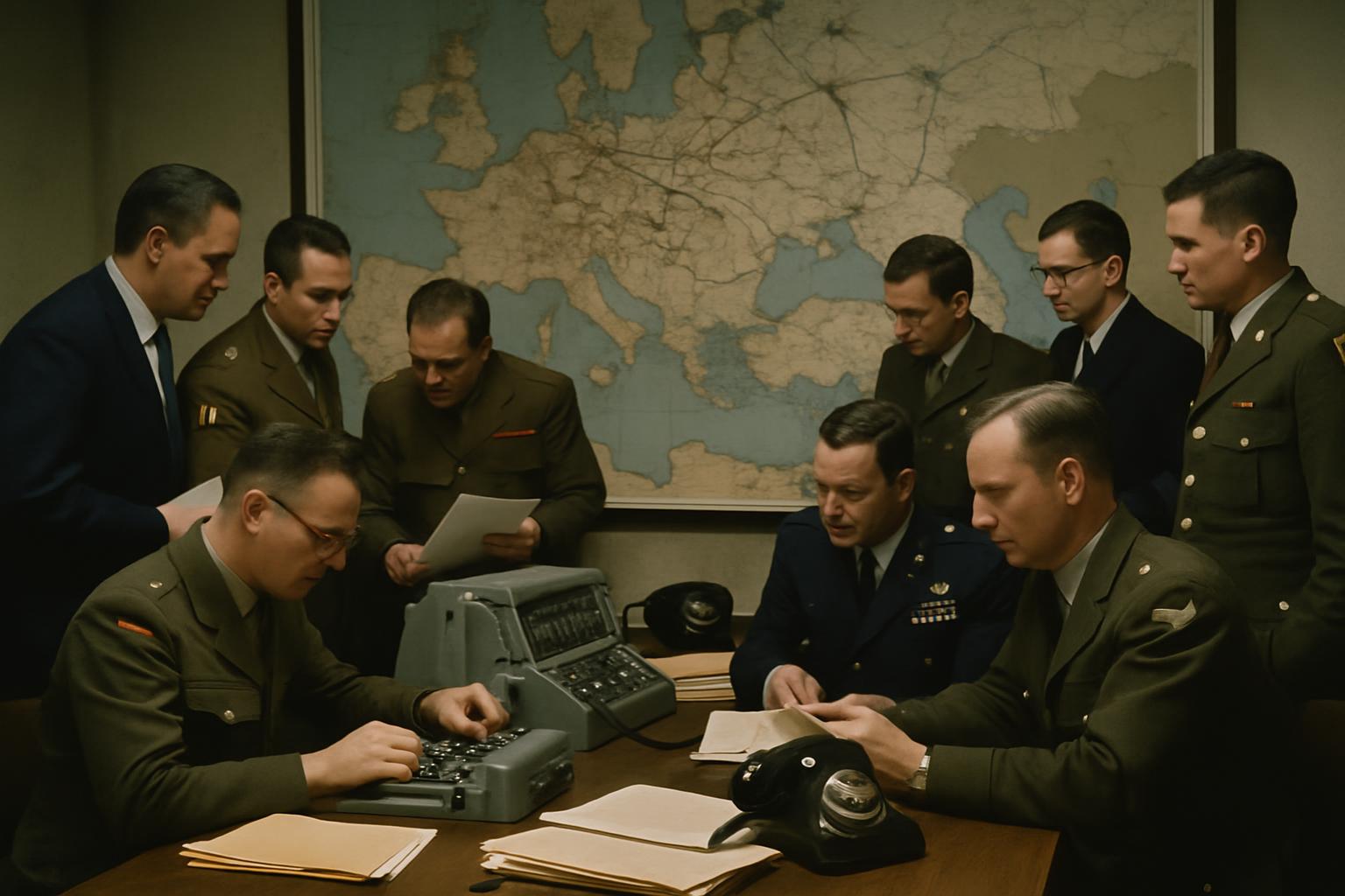 Officers in uniform gather around a cipher machine and telephones at a table, a wall map of Europe behind them