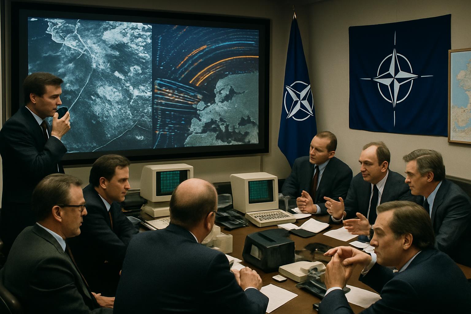 Men in suits confer at a table before a wall screen showing satellite tracks over a map, computer terminals and a NATO flag beside them