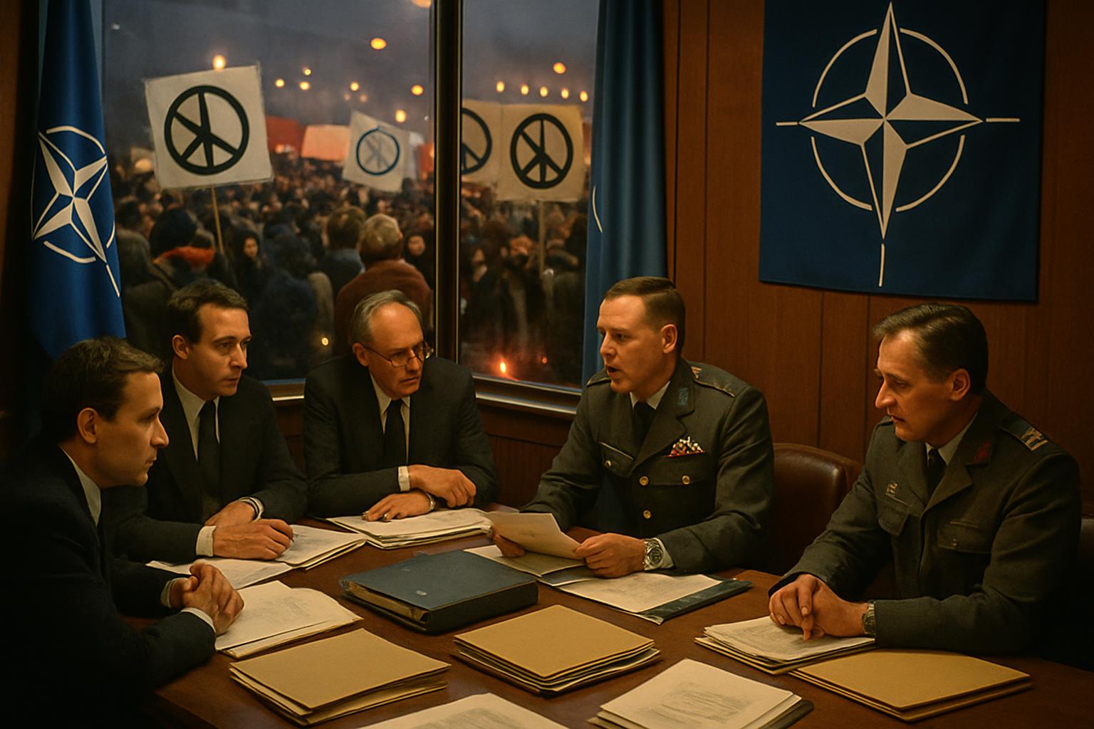Officials and officers in uniform sit around a conference table, with a crowd of demonstrators carrying peace symbols visible through the window