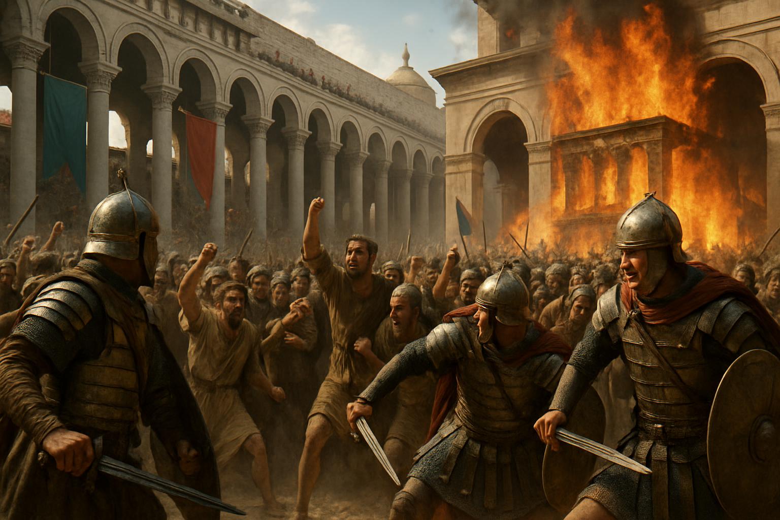 Helmeted soldiers with drawn swords advance on a shouting crowd in a colonnaded square while a domed building burns behind