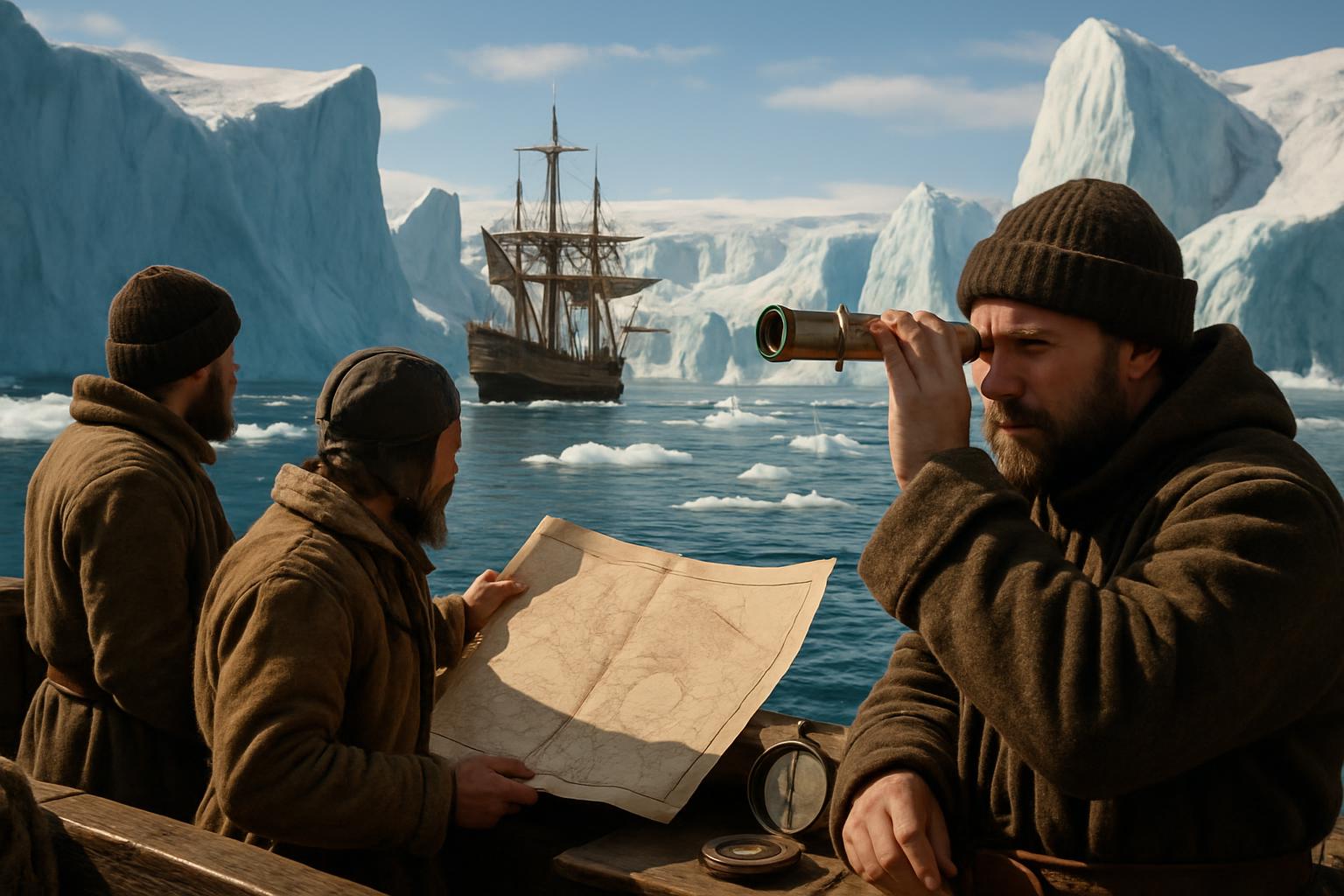 Men in furs and knitted caps study a chart on a boat's rail, one with a telescope, a sailing ship among icebergs beyond