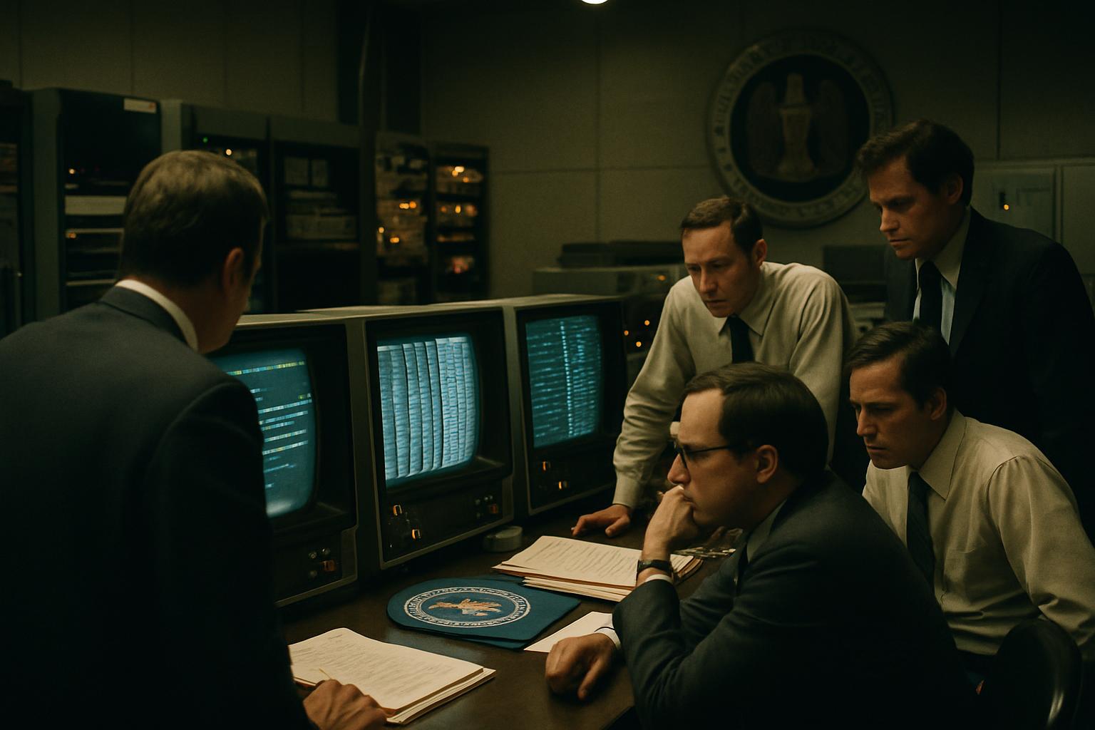 Men in suits and shirtsleeves stand around banks of monitors showing waveform traces in a windowless operations room