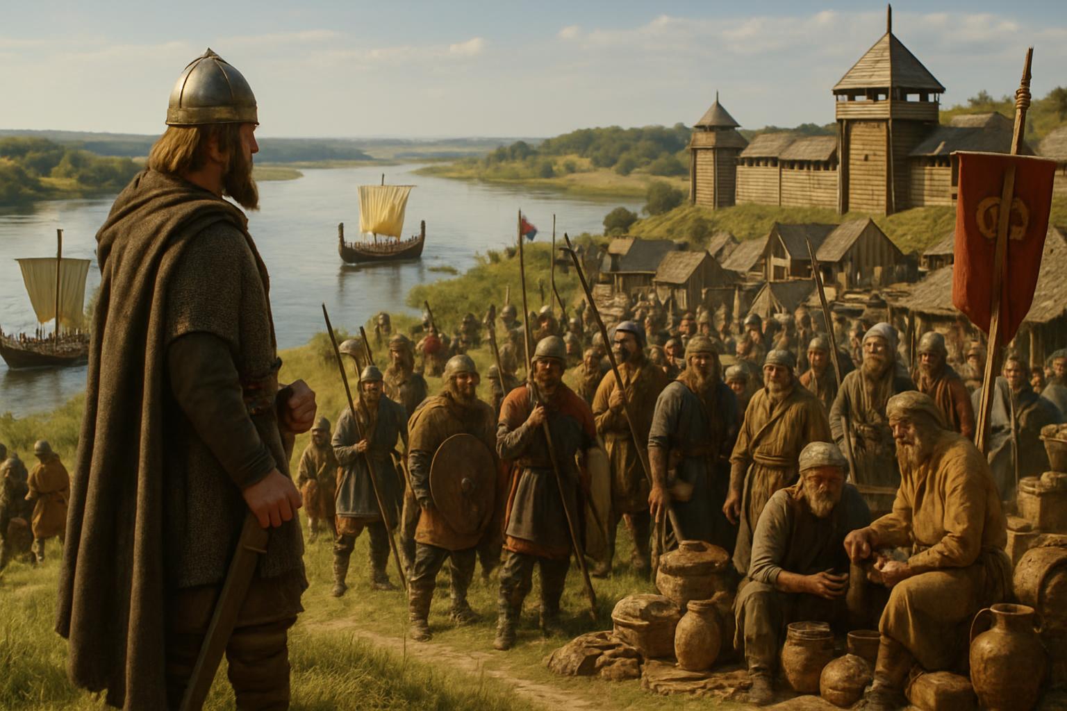 A warrior in a mail coat and helmet looks over a riverside market of traders and sacks, longships drawn up and a timber fort above