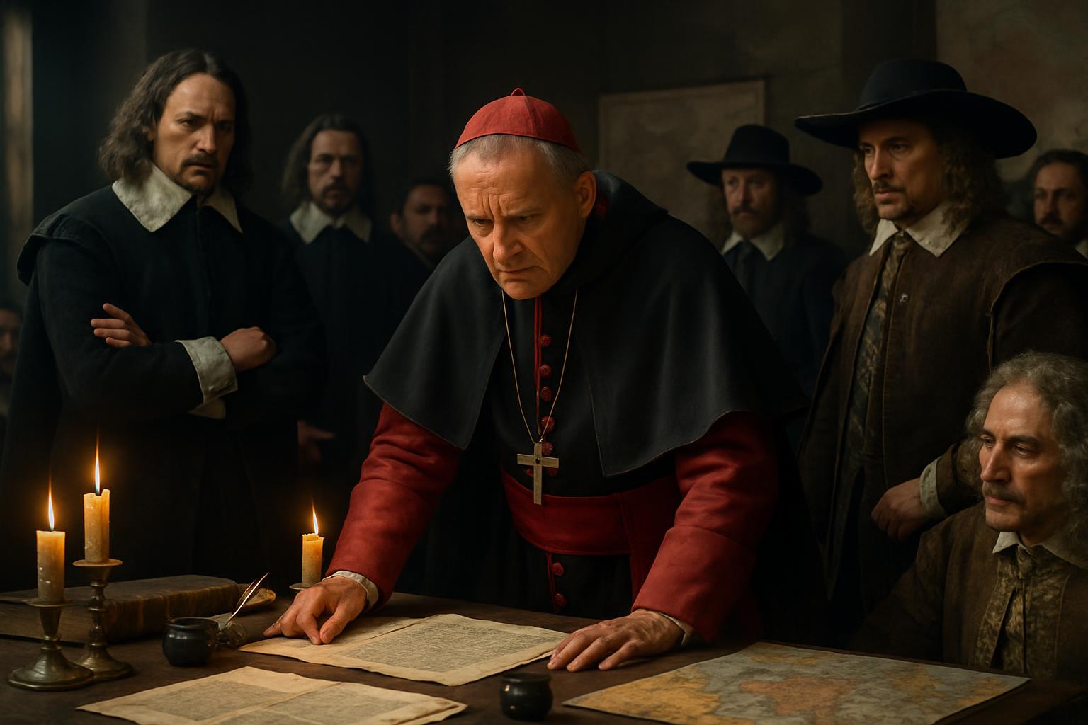 A cleric in a red cape and skullcap leans over maps and papers by candlelight while men in black cloaks and hats watch from the shadows
