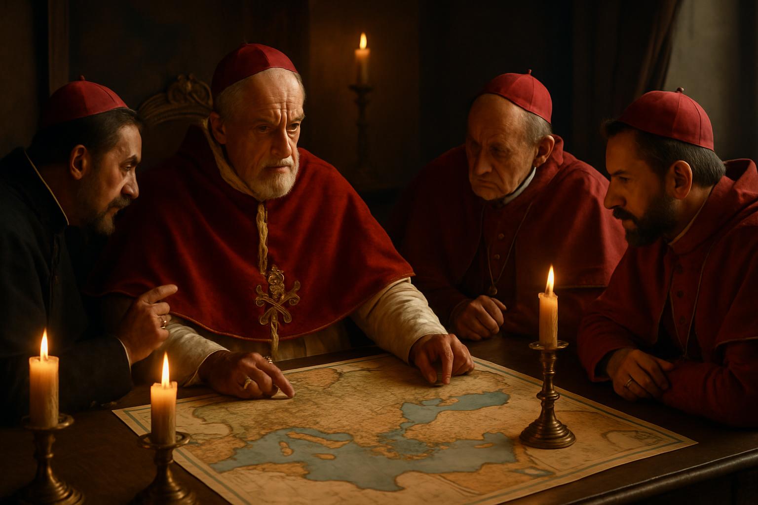 Cardinals in red robes and birettas confer over a large map of Europe spread between candles on a table