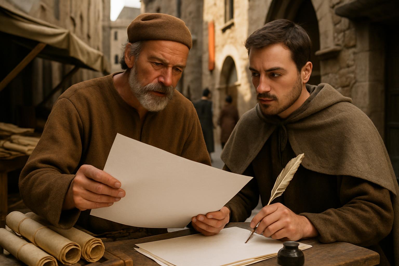 A bearded craftsman holds up a fresh sheet of paper to the light while a younger man with a quill looks on, rolled sheets on the table between them