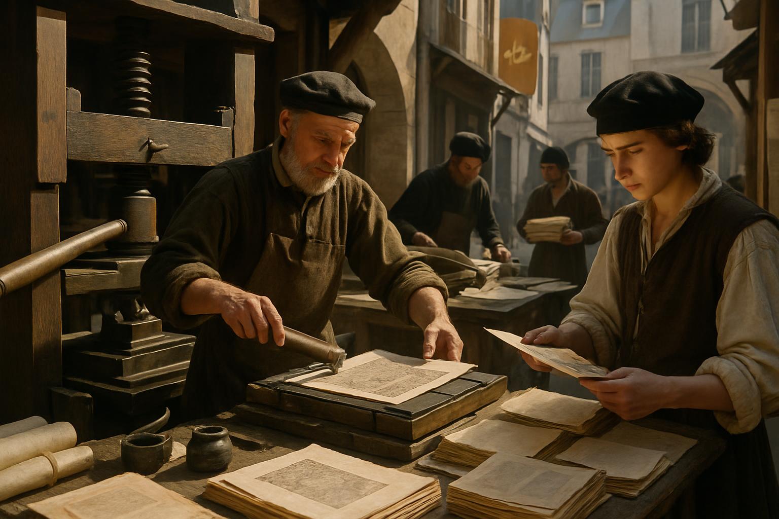 Printers work a wooden screw press in a workshop open to the street, one inking a form and another checking a wet sheet from a stack