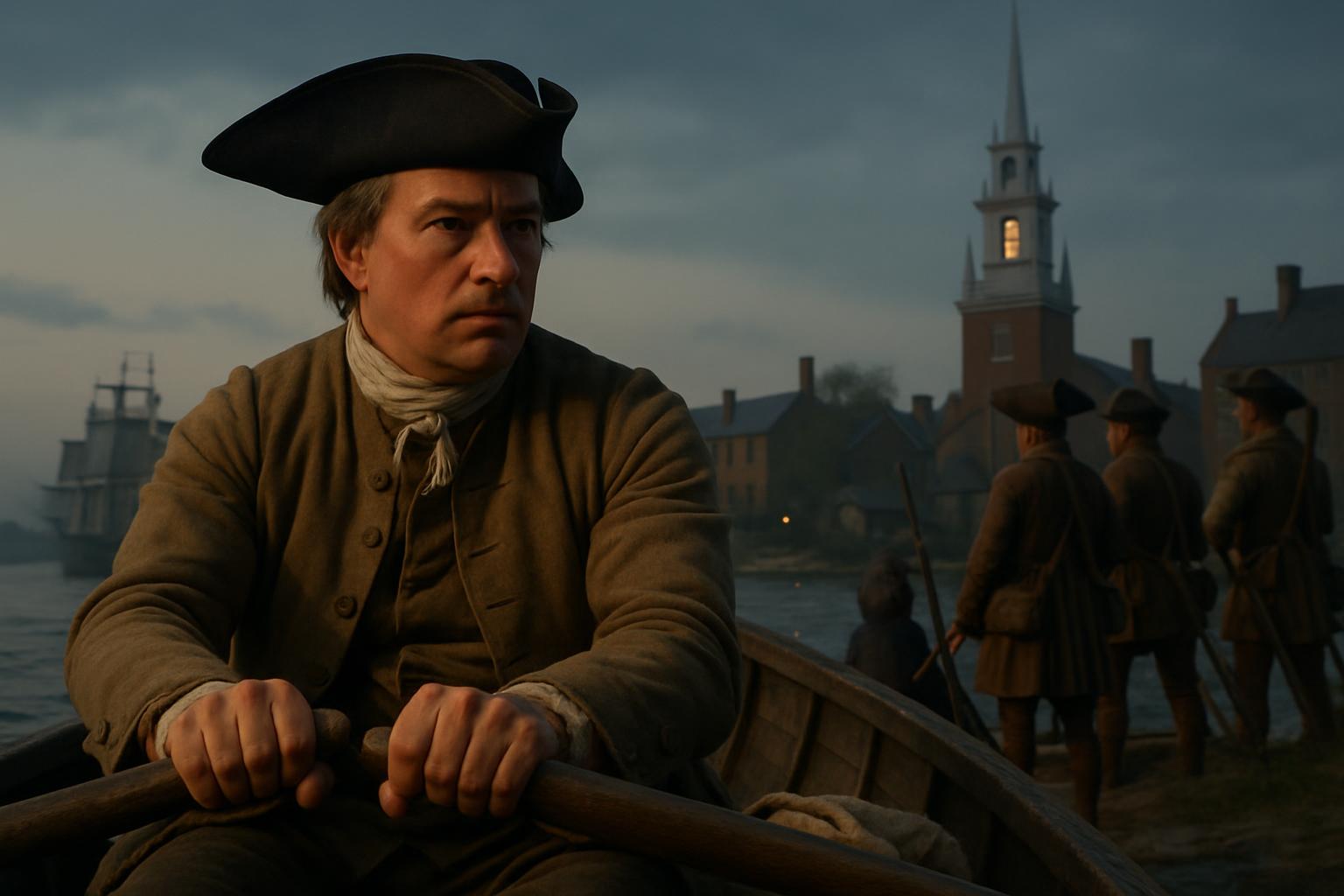 A man in a tricorne rows a small boat away from a lit shore, a church steeple and soldiers on the quay behind him