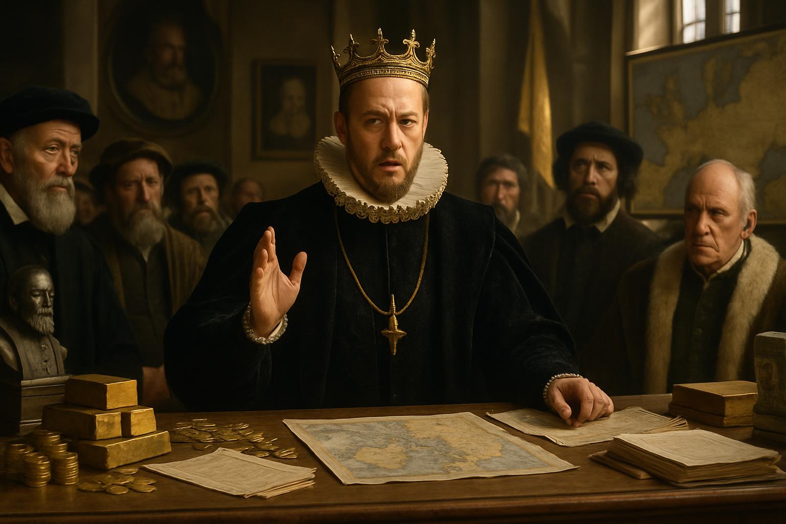 A crowned king in a black doublet and ruff raises a hand over stacked gold bars, ledgers and a map, bankers and advisers around the table