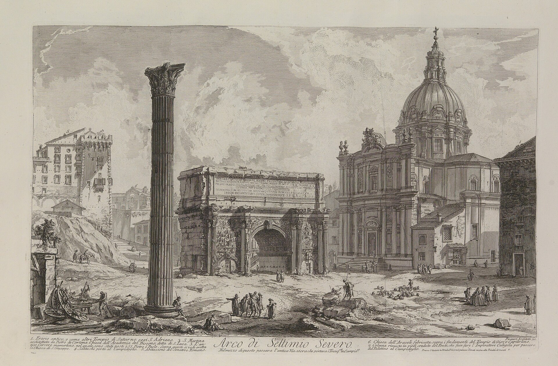 Etching of a ruined triumphal arch and standing columns among houses and a domed church, with a printed caption below