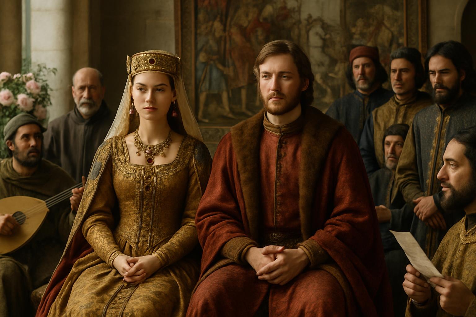 A young woman in a gold gown and coronet sits beside a man in a red robe at a court gathering, a musician playing a lute among the onlookers