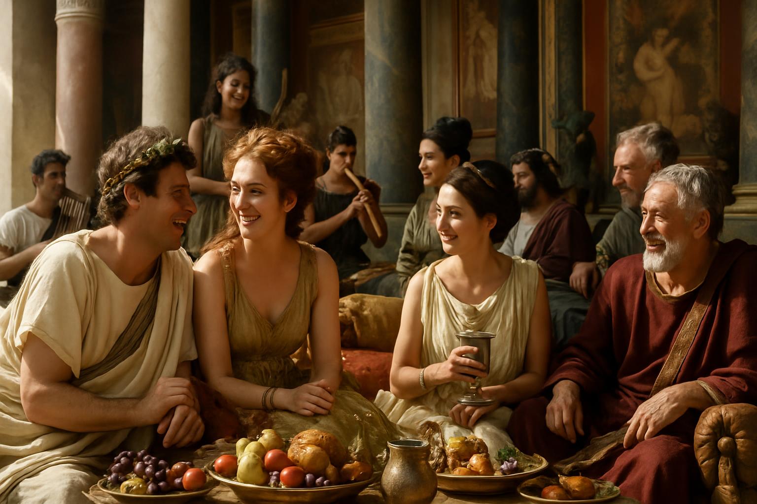 Young men and women in white and gold recline together at a banquet couch laden with fruit, an older man in red beside them