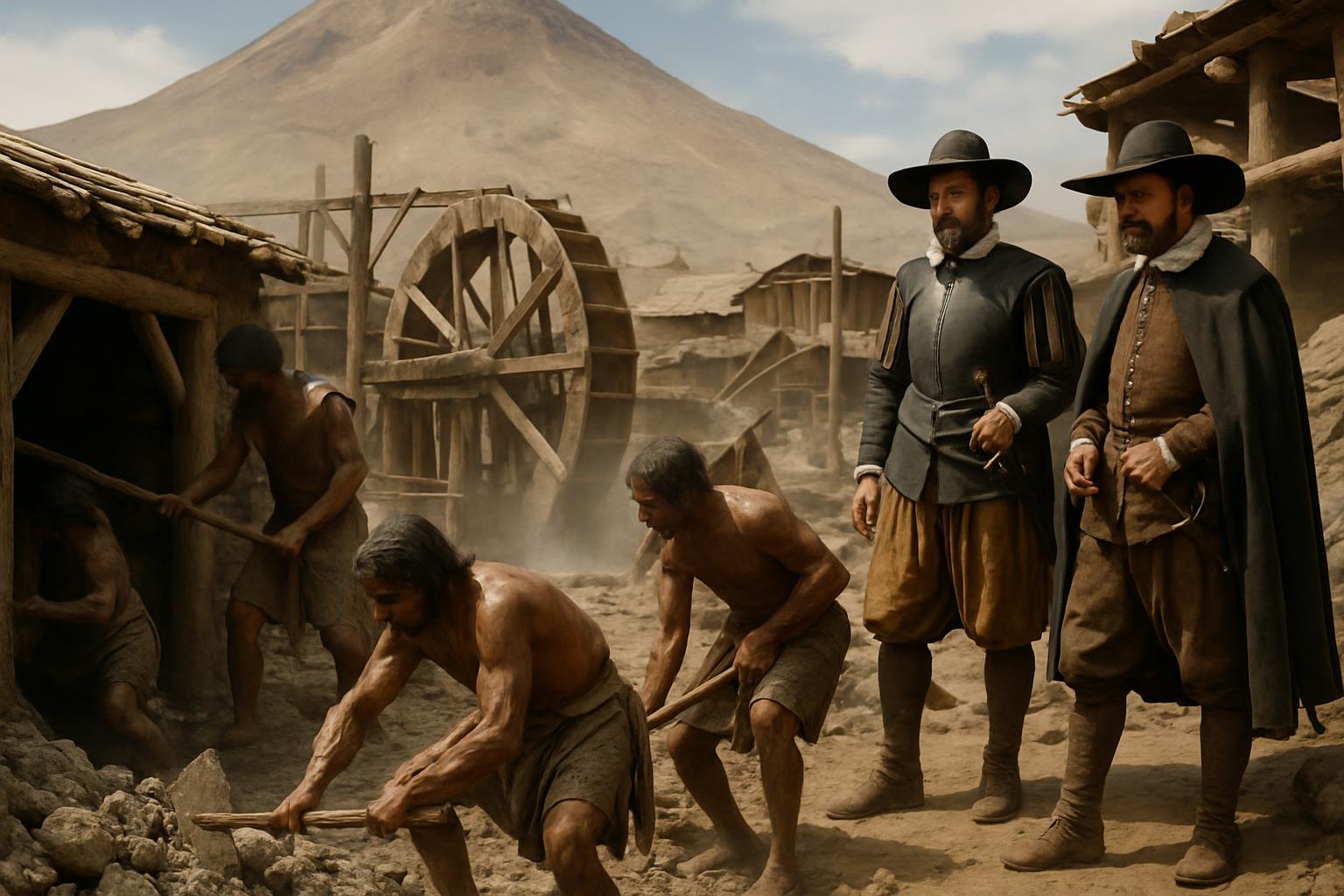 Workers strip ore on a scaffolded hillside beneath a conical peak while two men in cloaks and wide hats supervise from the edge
