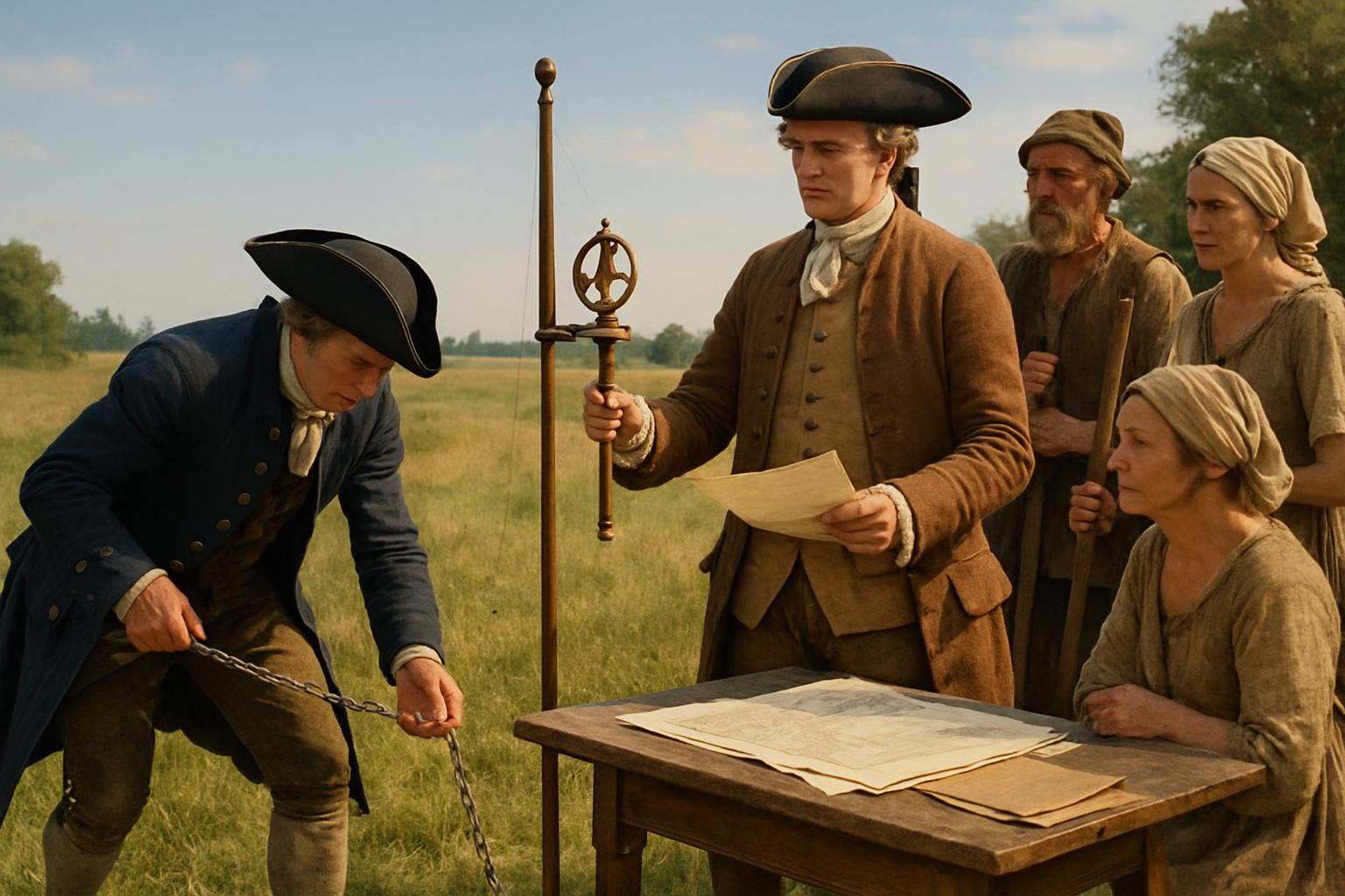 A surveyor drags a measuring chain while a colleague holds a marked staff beside a table of plans, villagers watching from the field