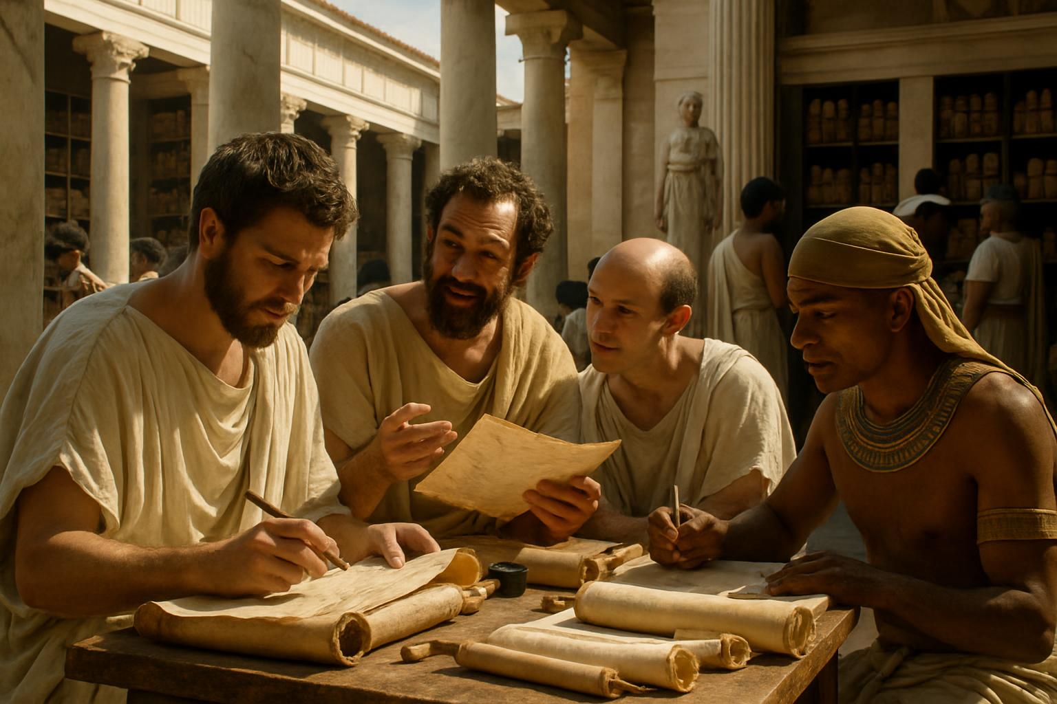Scholars in tunics work over open scrolls at long tables in a colonnaded hall lined with pigeonholes of manuscripts