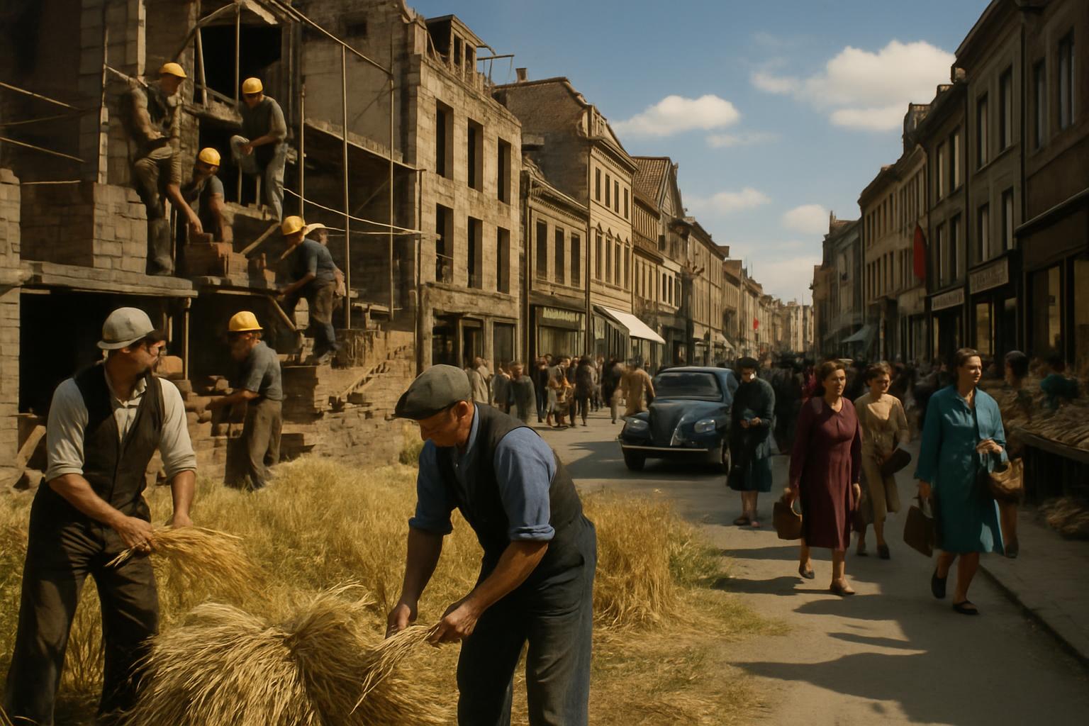 Labourers clear rubble and rebuild a street of damaged buildings while pedestrians and a car pass along the reopened road