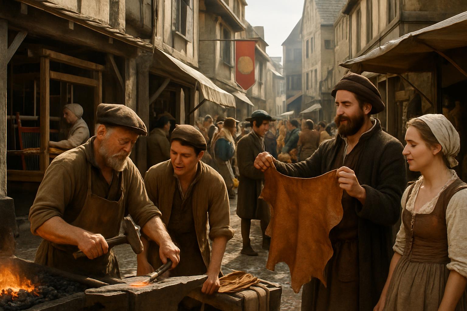A blacksmith hammers hot metal at a street forge while a younger man holds up a hide for inspection in a crowded market lane