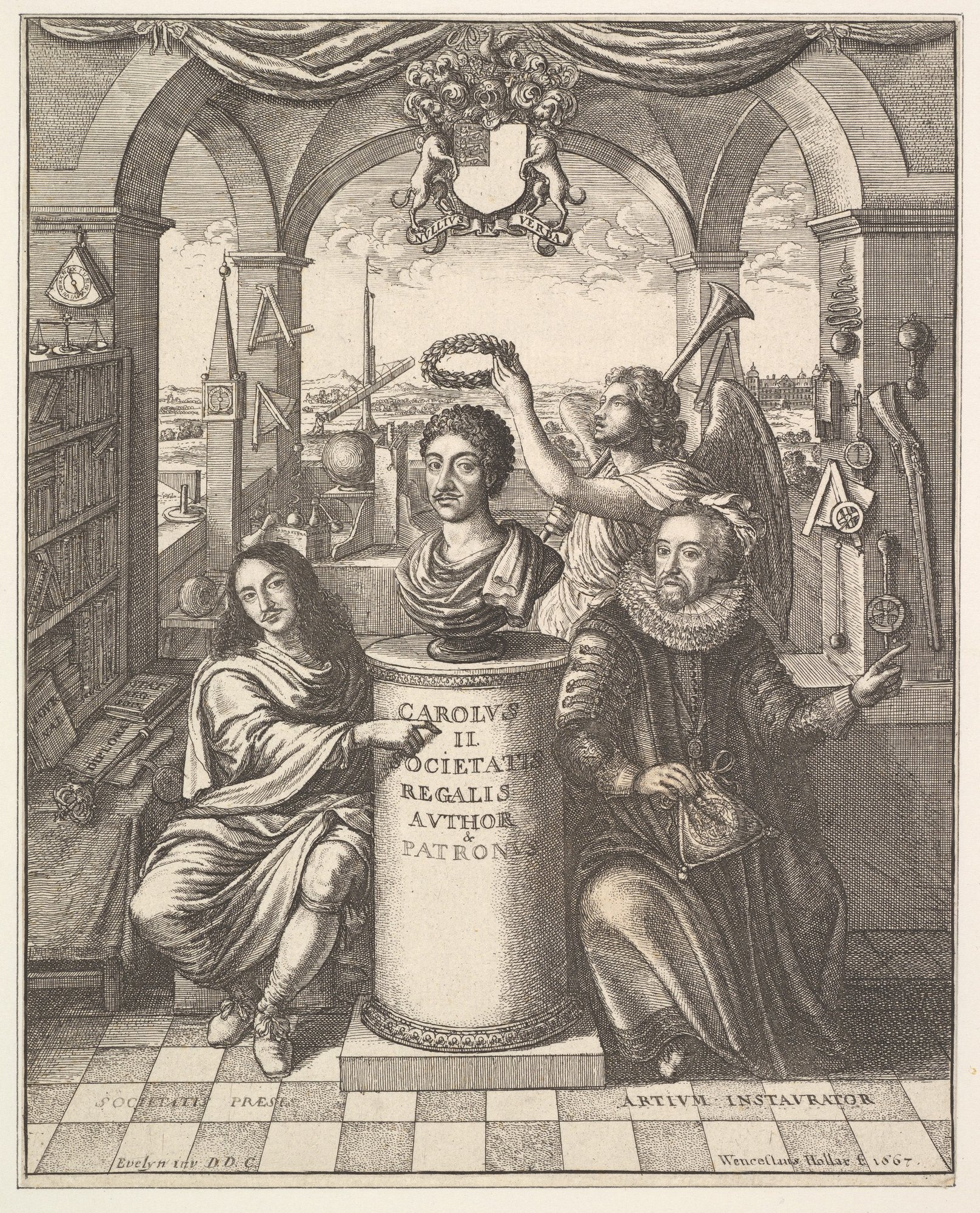 Engraved frontispiece with allegorical figures flanking a pedestal bearing an inscription, beneath a coat of arms