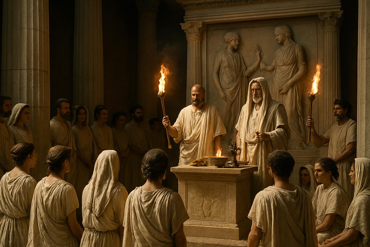 Robed figures with torches stand at a stone altar before a carved relief while a veiled crowd watches from the colonnade