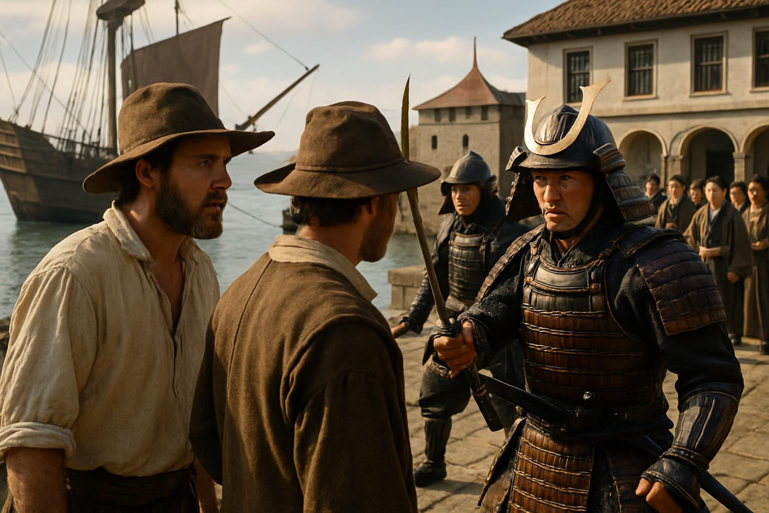 Two European sailors in wide-brimmed hats face an armoured samurai who bars their way on a quayside, a moored ship and townspeople behind