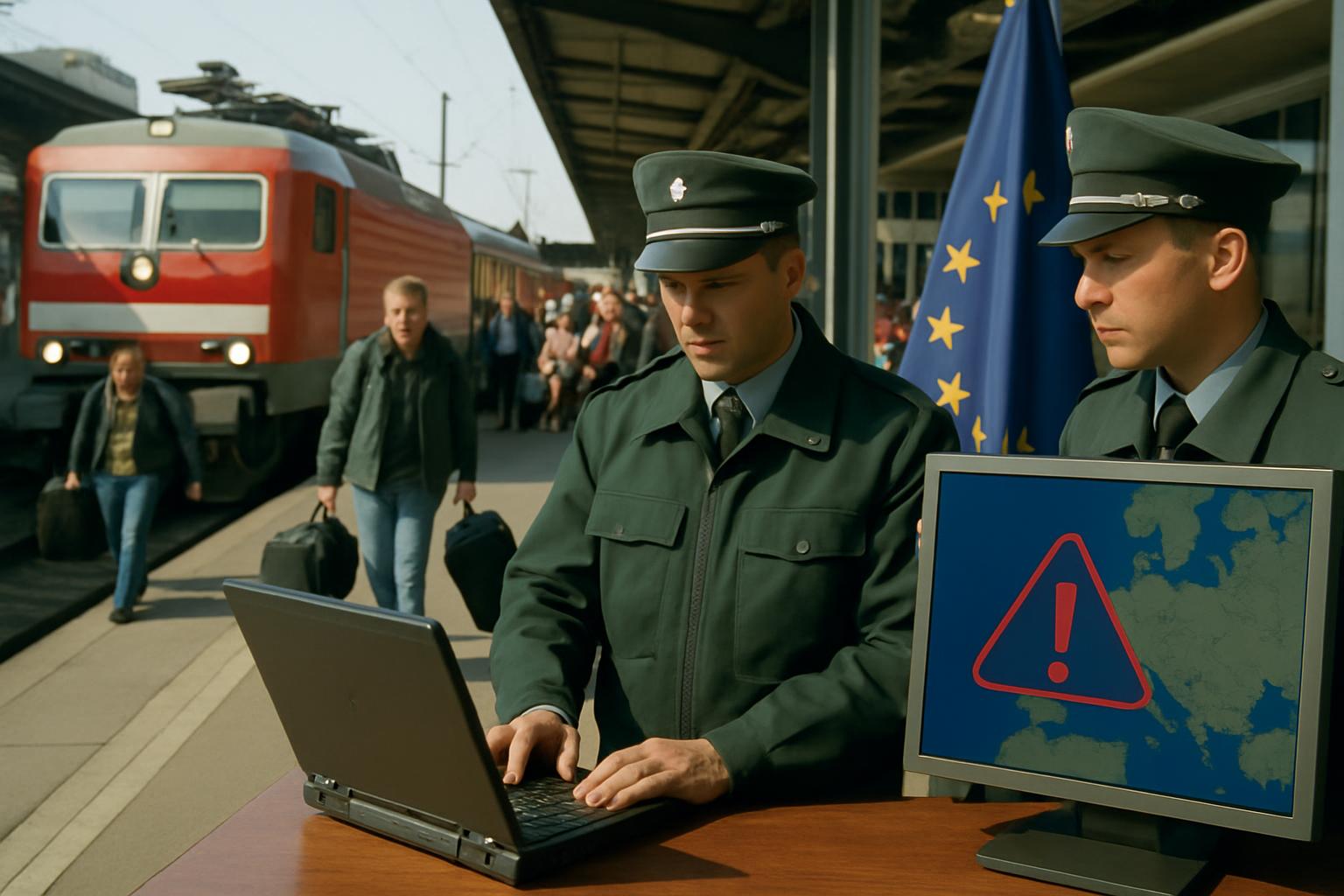 Border officers in green uniforms check a laptop and a screen showing a warning symbol over a map, travellers passing a train at the platform