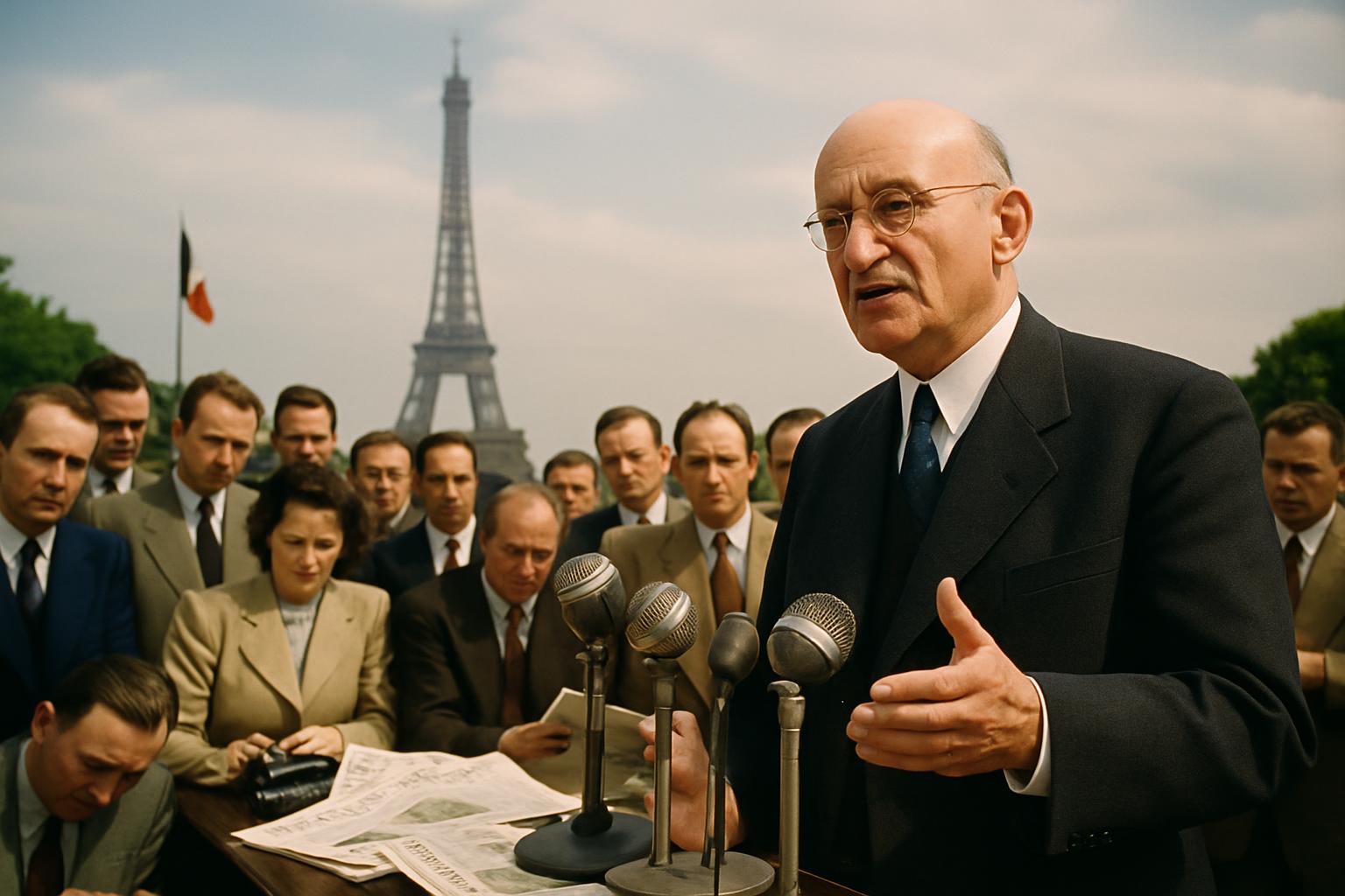 A bald man in a dark suit speaks into a bank of microphones before press and officials, the Eiffel Tower visible behind