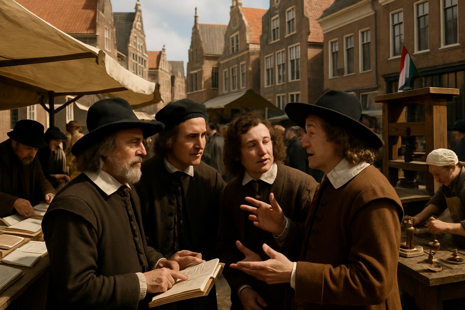 Men in seventeenth-century Dutch dress argue over an open book and instruments at a stall in a market square of stepped-gable houses