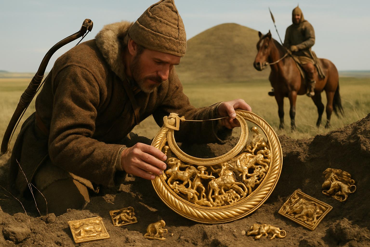 A man in a fur cap lifts a heavy gold torc from a trench in a grass mound while a rider watches from the skyline, gold plaques laid out beside him