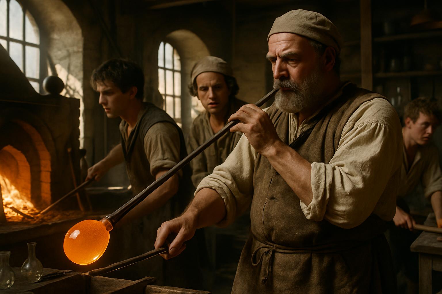 A glassblower turns a glowing orange gather on a blowpipe before a furnace mouth while apprentices work behind him