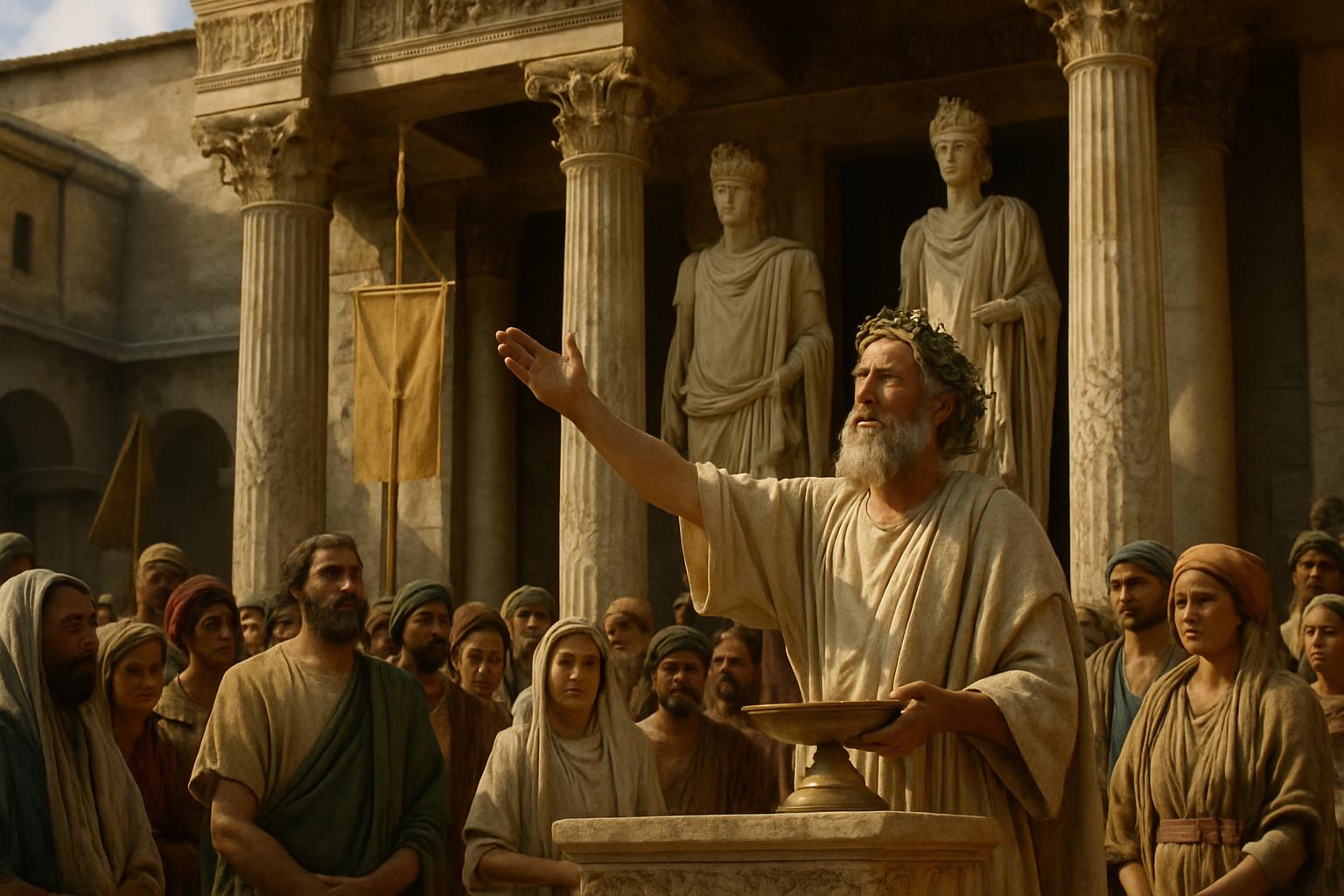 A bearded man in a laurel wreath raises his arm from an altar platform before a crowd, columned temple and statues behind
