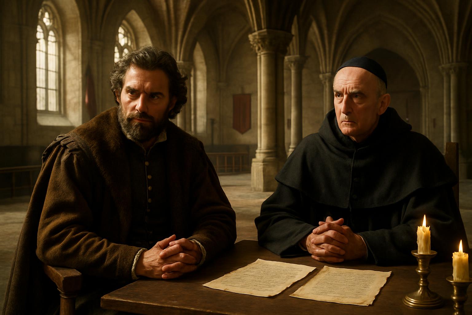 A bearded man in a brown doublet sits at a table beside a friar in a black habit, papers and a candle between them in a vaulted room