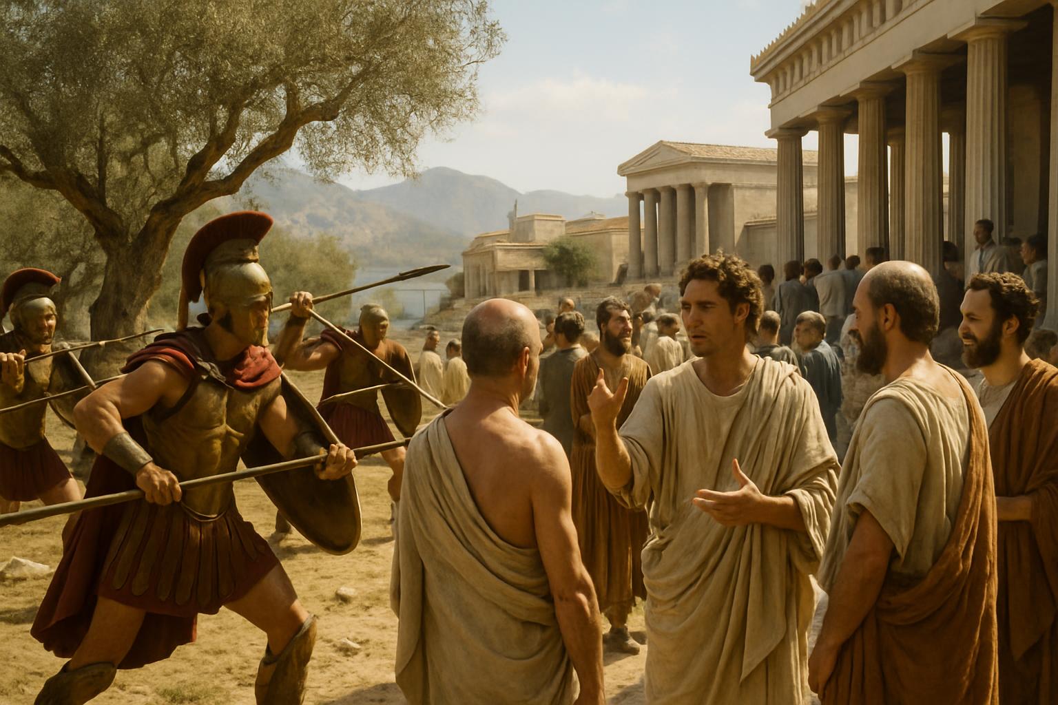 A helmeted spearman strides past citizens in tunics arguing in a colonnaded square, olive trees and hills beyond