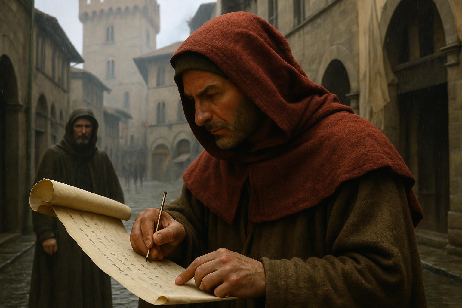 A man in a red hood writes with a reed pen on a long sheet of figures, a stone tower and townspeople behind him