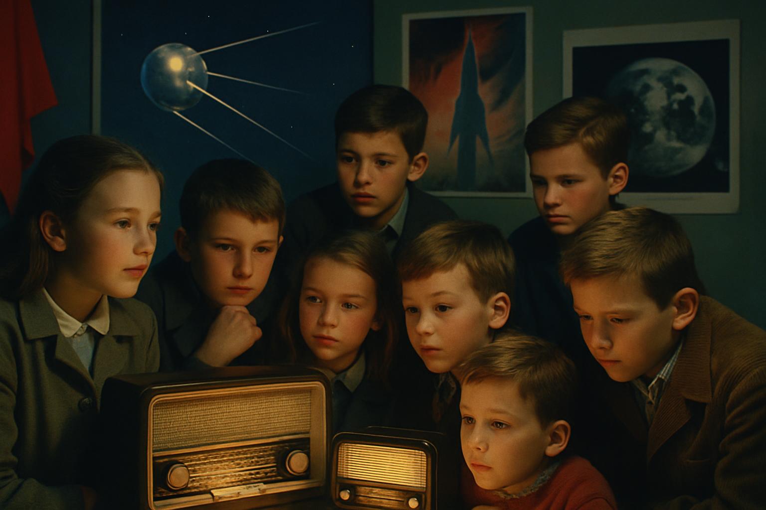 Children crowd around a valve radio set beneath a poster of a satellite and a globe, listening intently