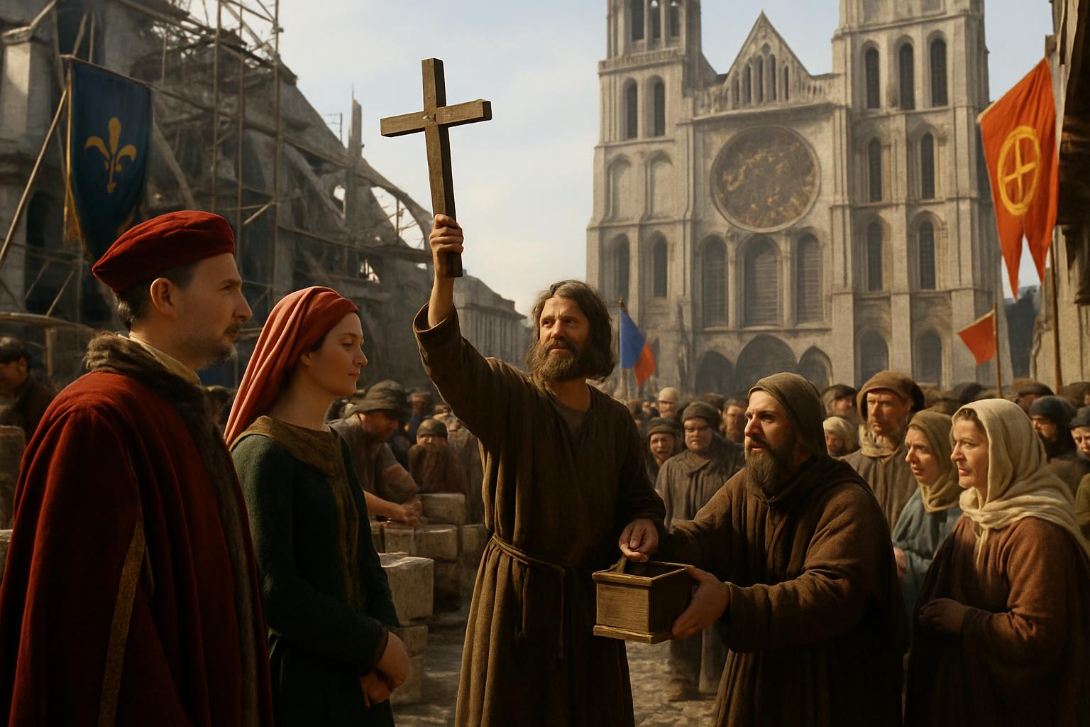 A friar holds up a wooden cross before a crowd outside a part-built cathedral hung with banners, scaffolding on the towers