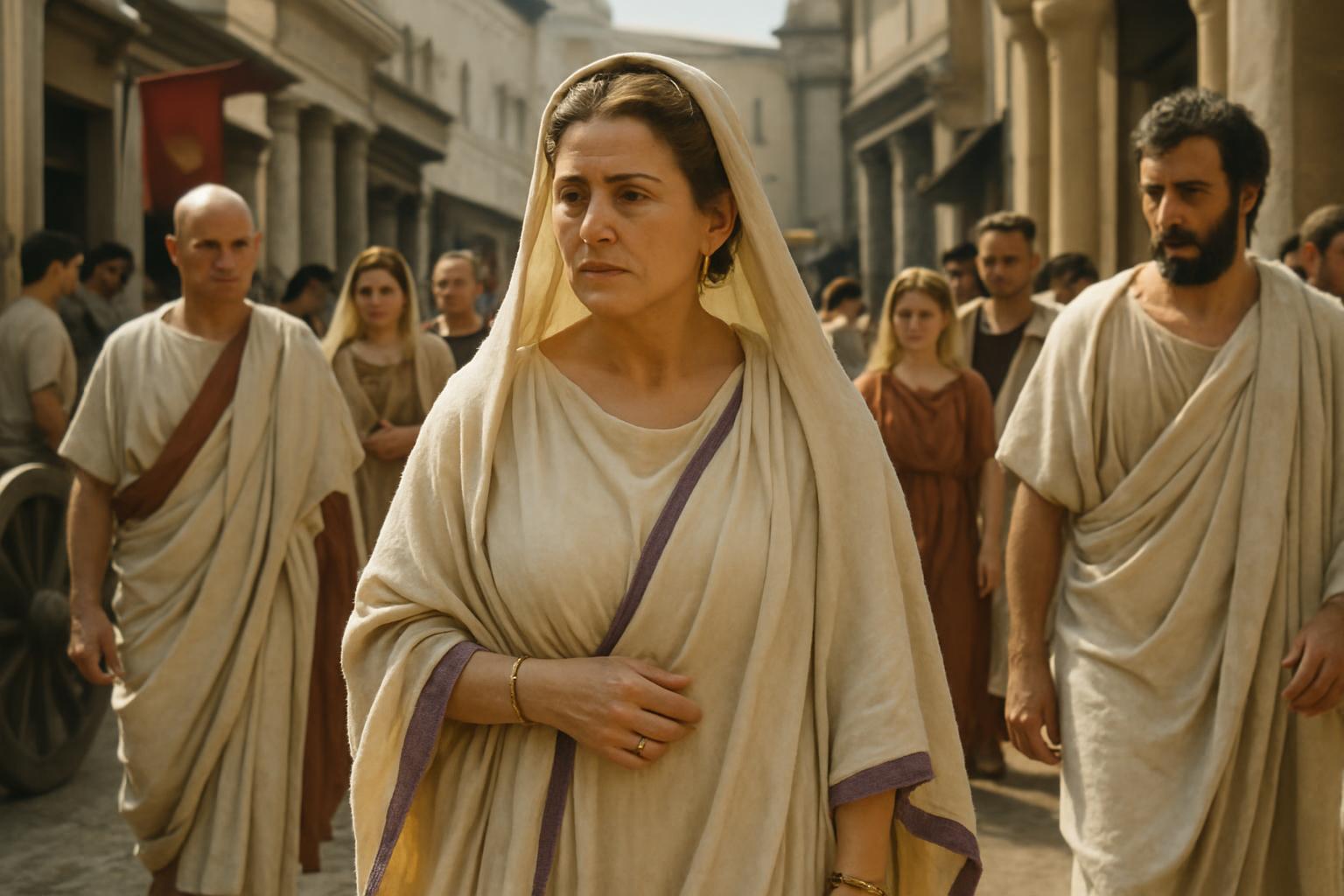 A woman in a white and purple palla walks through a street of onlookers while men in togas watch her pass