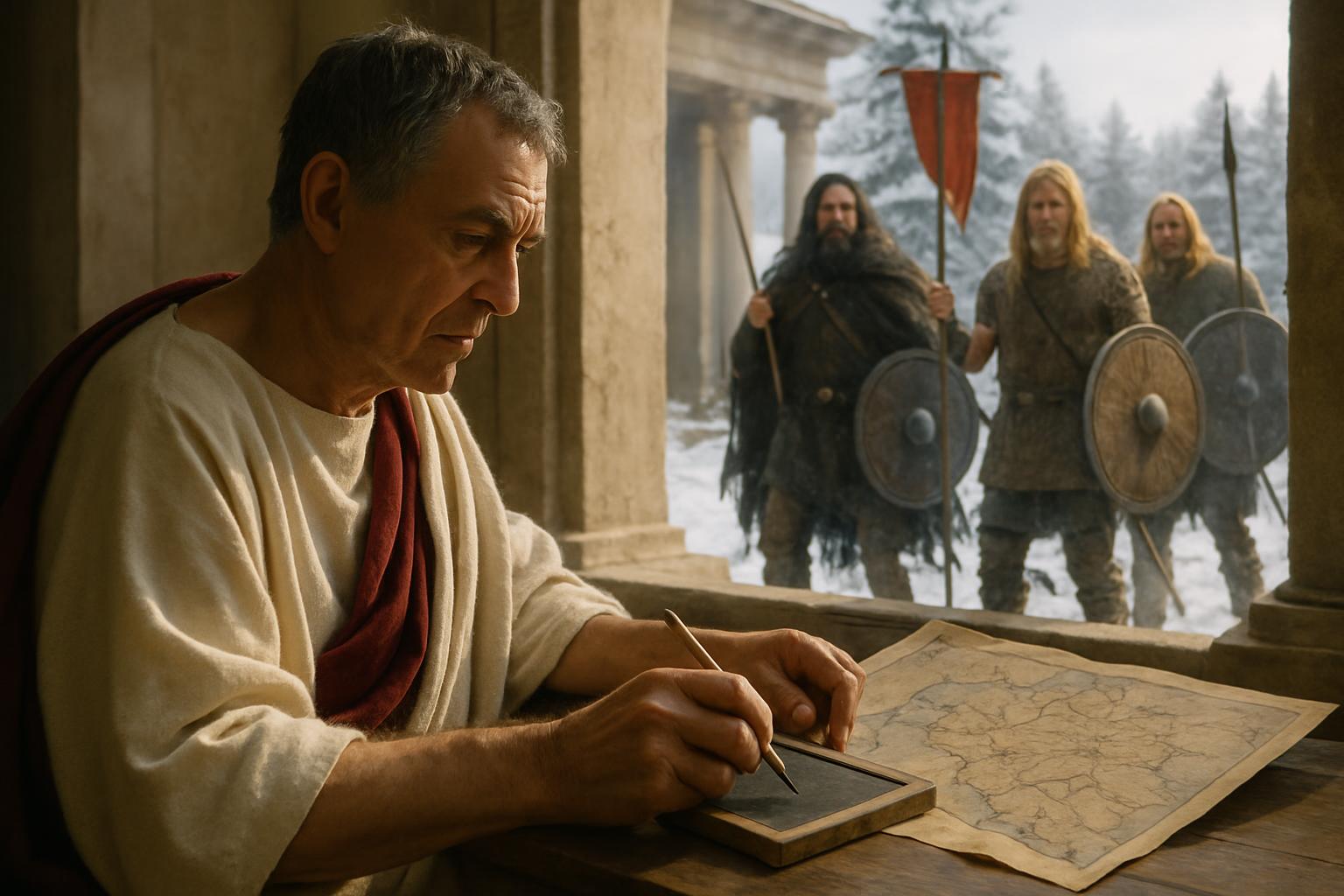 A man in a toga writes at a desk beside a map, with armed men in furs and round shields standing in falling snow beyond the doorway